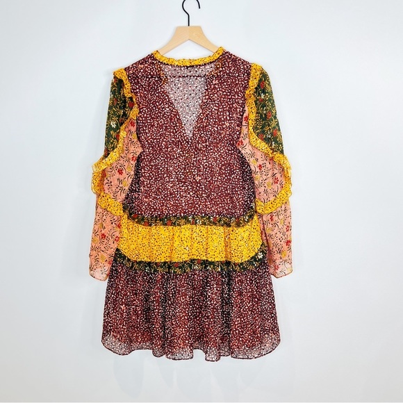 BOHO Fall Ruffle Floral Bohemian Mini Dress Size 4 - Picture 11 of 15